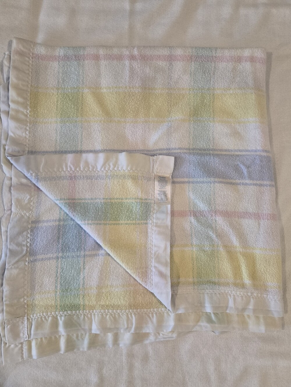 Carters Pastel Plaid Baby Blanket Satin Trim Acrylic USA Made Vintage HTF